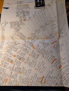 Hand-drawn family fan chart illustrating multiple generations of ancestral relationships.